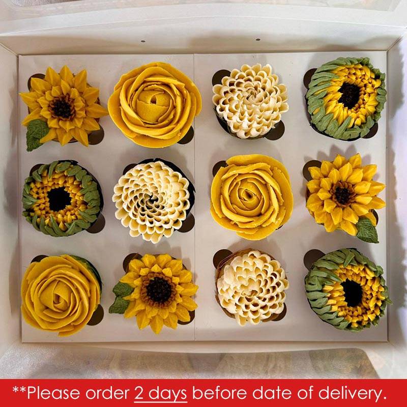 Ministry of Cupcakes - Box of 12 - Yellow Roses, Sunflowers & Chrysanthemums 