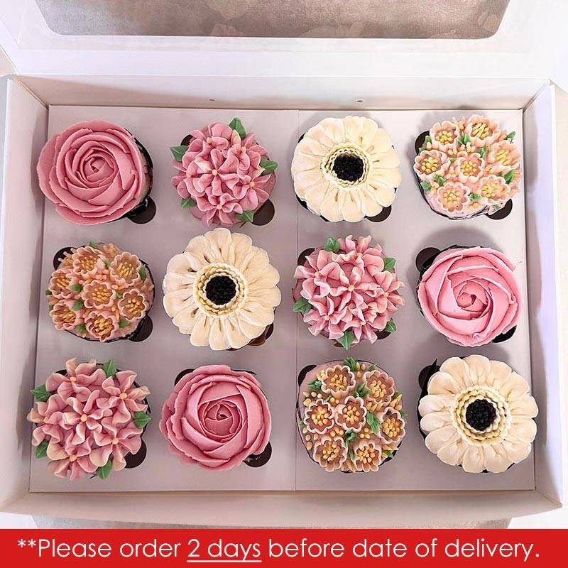 Ministry of Cupcakes - Box of 12 - Baby Pink Roses, Hydrangeas & Gerberas