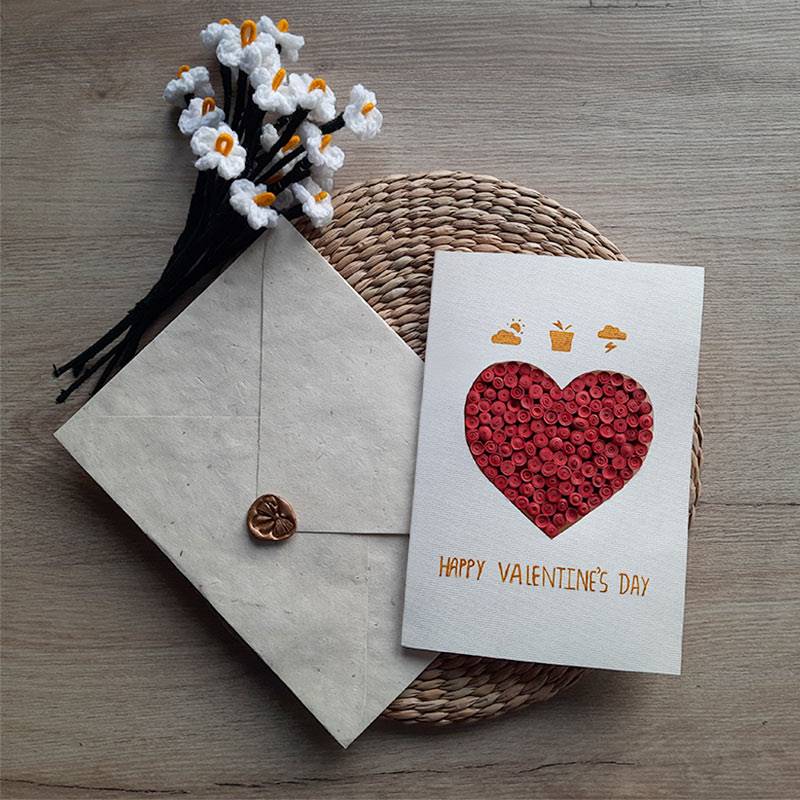 Valentine's Day Heart and Red Roses Handcrafted Greeting Card