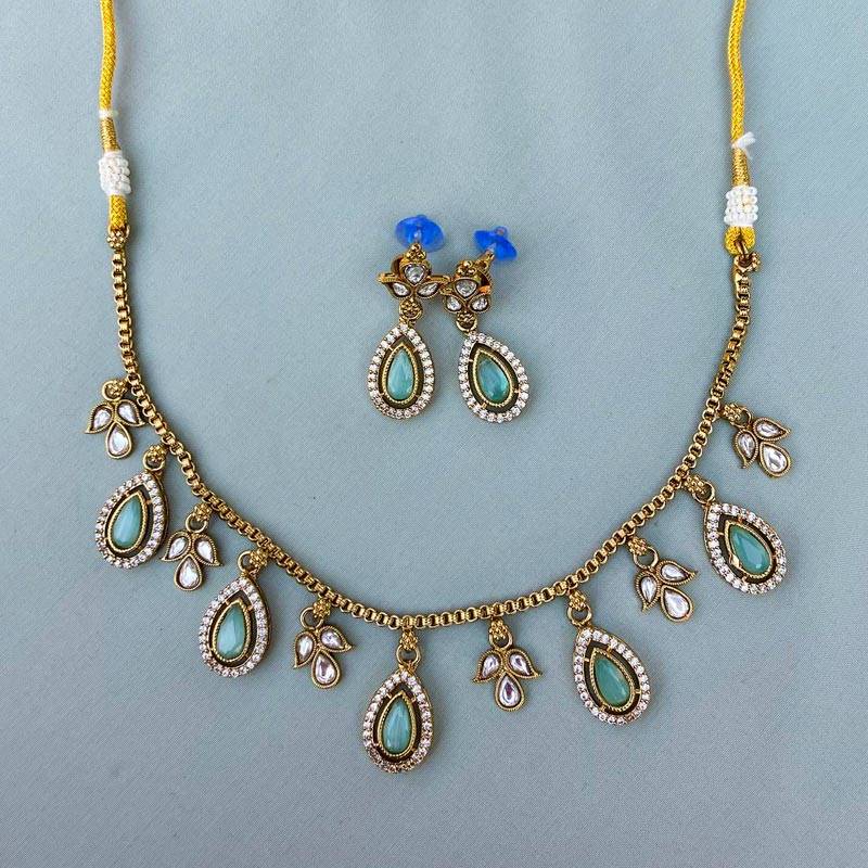 Premium Quality Reverse American Diamond Neckpiece Set - Aqua Blue (36305/71)