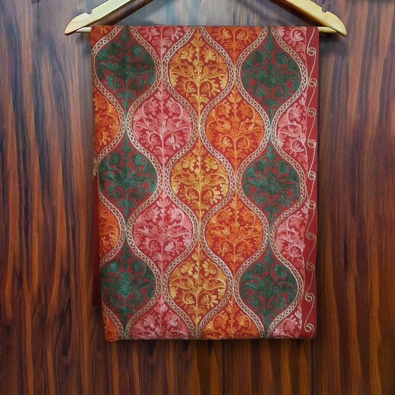 Cinnabar Red Cashmere Shawl with Multi-color Embroidery