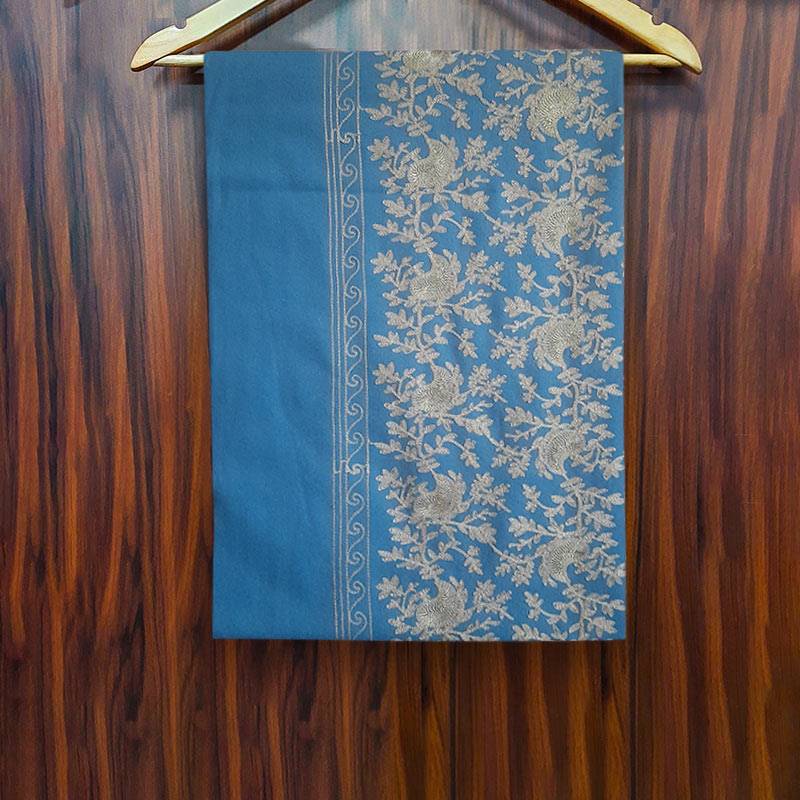 Cornflower Blue Cashmere Shawl with Golden Zari Embroidery