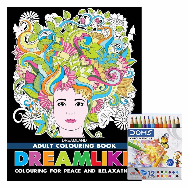 Dreamland Adult Coloring Book Dreamlike & DOMS Half-size Color Pencils (12 Shades)