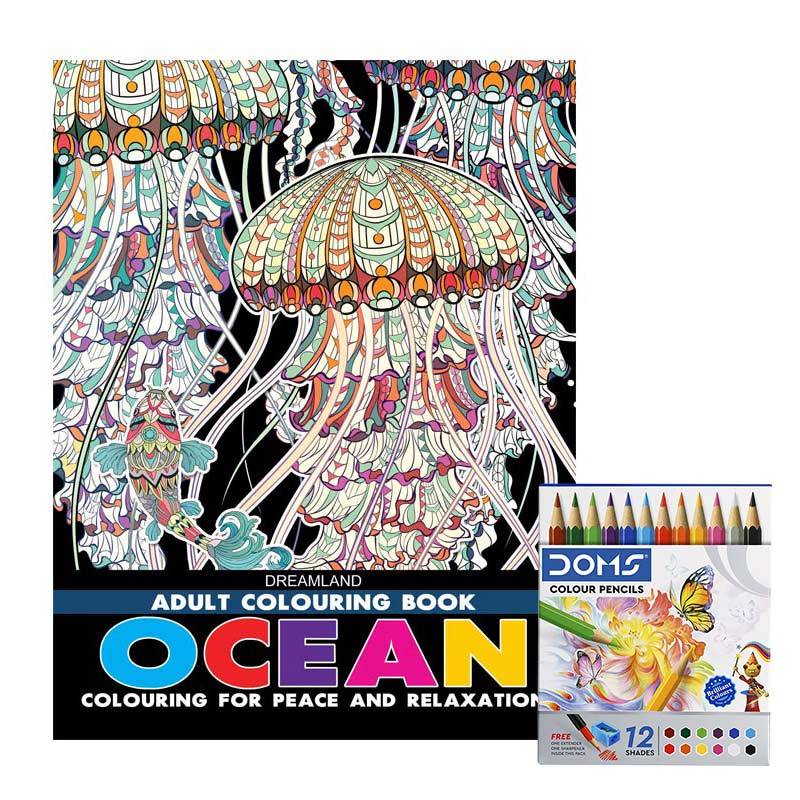 Dreamland Adult Coloring Book Ocean & DOMS Half-size Color Pencils (12 Shades)