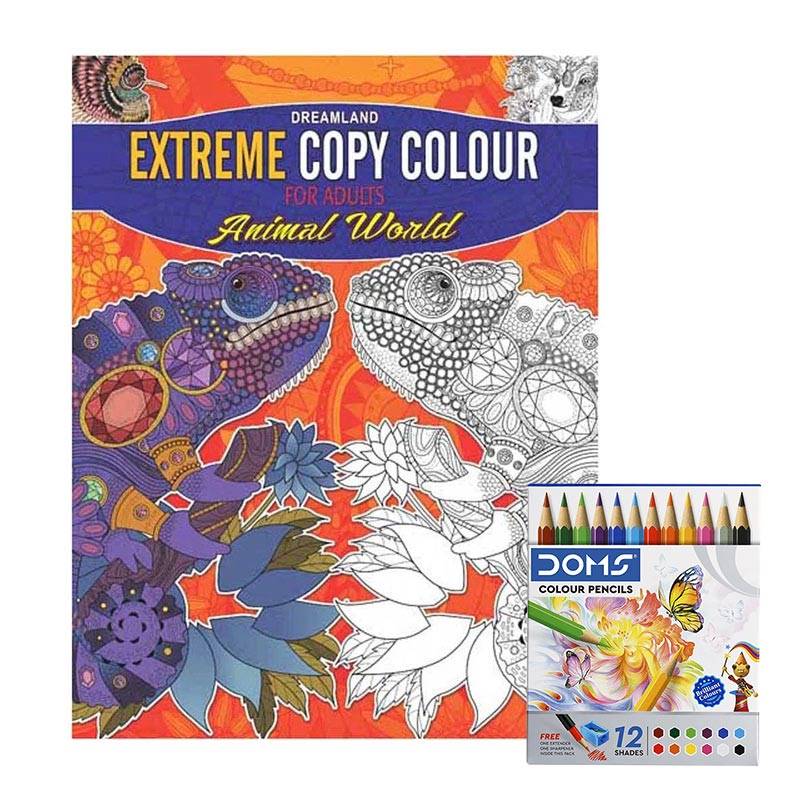 Dreamland Extreme Copy Colour for Adults Animal World (Coloring Book) & DOMS Half-size Color Pencils (12 Shades)