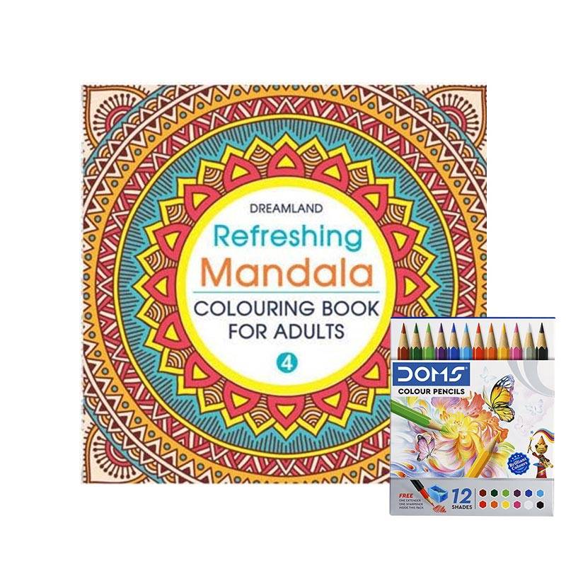 Dreamland Refreshing Adult Coloring Book Mandala 4 & DOMS Full-size Color Pencils (12 Shades)