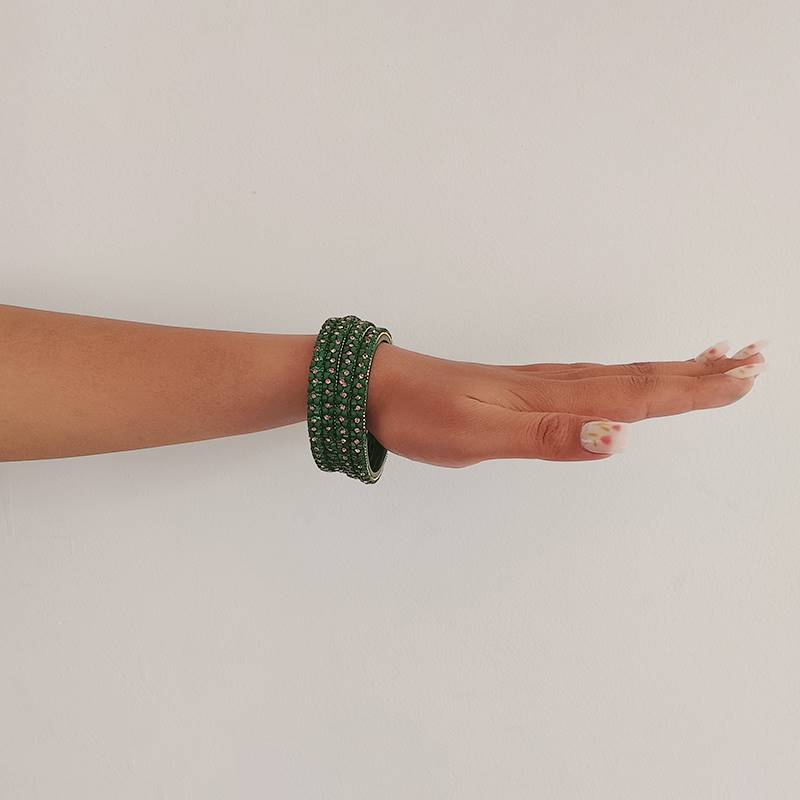 Matte Green Glass Bangles with Stones (Set of 4)