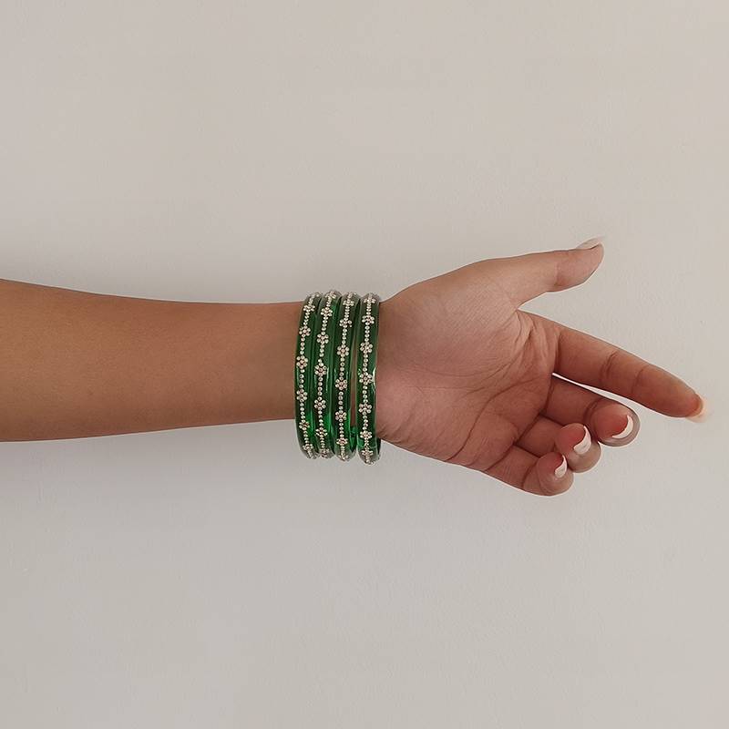 Bright Green Stone Detailed Bangles (Set of 4)