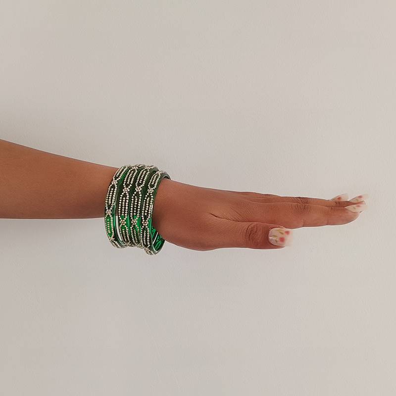 Green Bangles with White Stone Detailing (Set of 4)