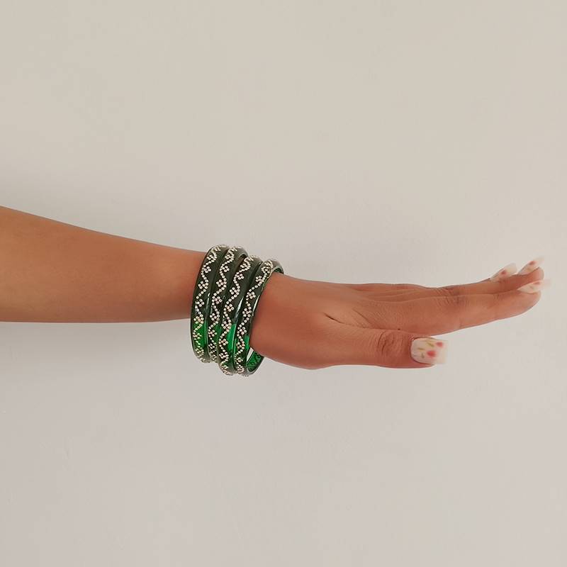 Glossy Green Bangles with Silver Stones (Set of 4)