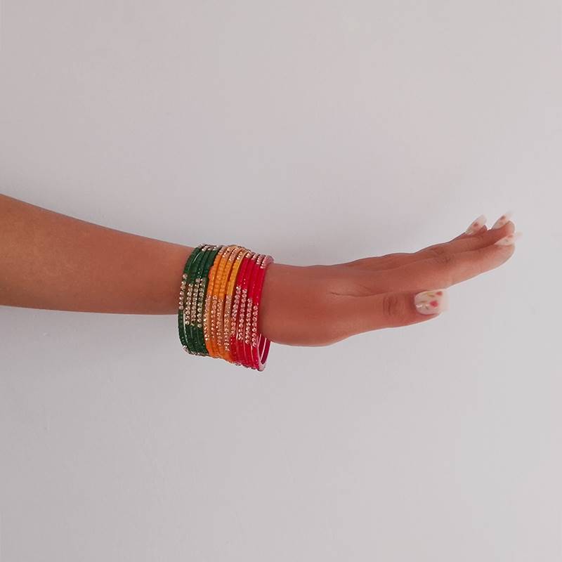 Bright Yellow-Red-Green Festive Bangles (Set of 12)