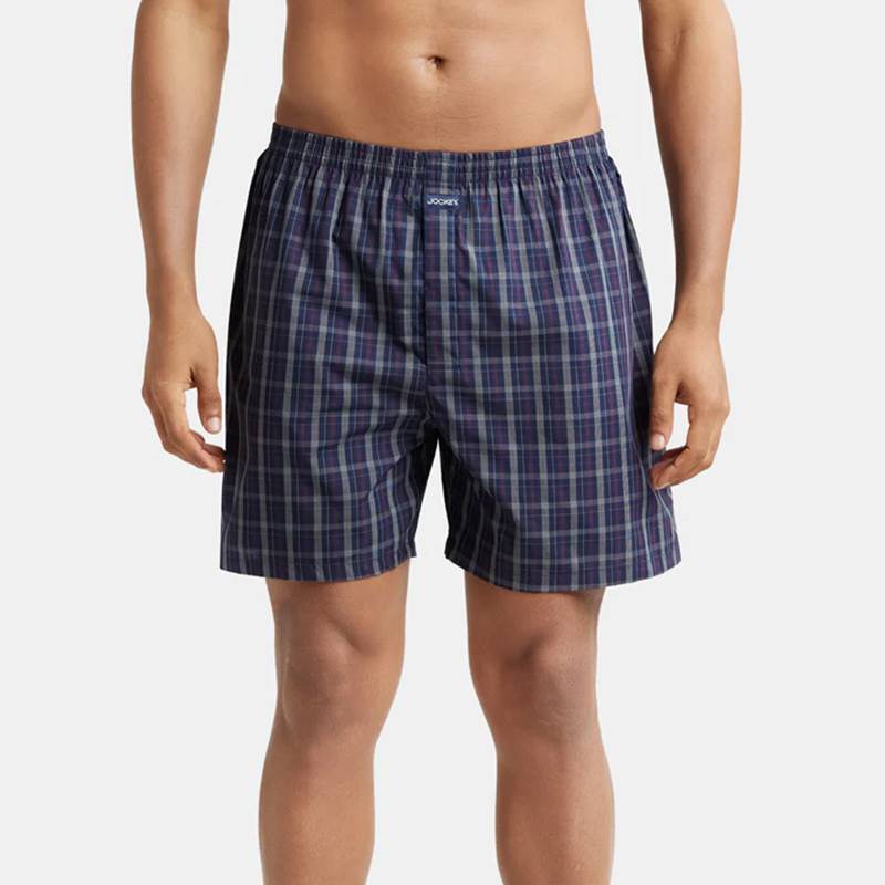 Jockey Super Combed Mercerized Cotton Woven Checkered Boxer Shorts with Back Pocket - Navy & Seaport Teal (Pack of 2) #1222