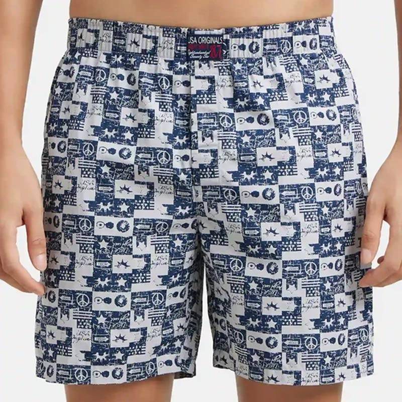 Jockey Super Combed Mercerized Cotton Woven Printed Boxer Shorts with Side Pockets - Nickel #US57