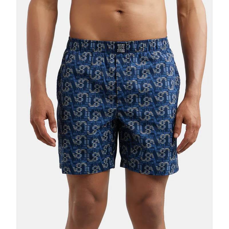 Jockey Super Combed Mercerized Cotton Woven Printed Boxer Shorts with Side Pockets - Navy #US57