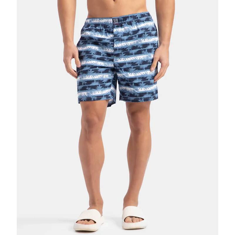 Jockey Super Combed Mercerized Cotton Woven Printed Boxer Shorts with Side Pockets - Blue Heaven #US57