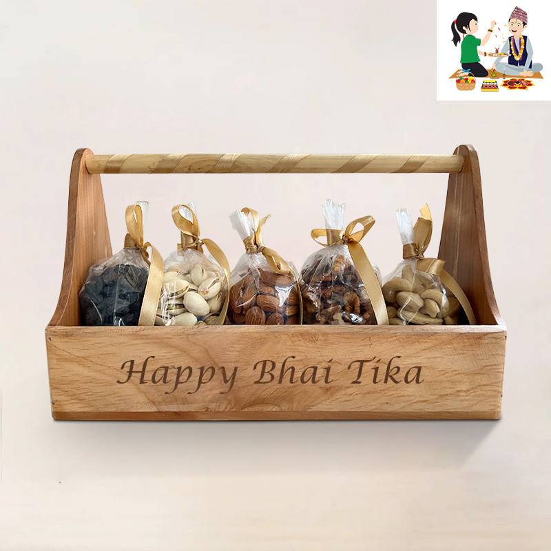 Bhai Tika Wooden Carrier with Dry Nuts