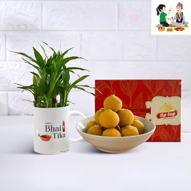 Lucky Bamboo with Bhai Tika Mug & Besan Laddoo