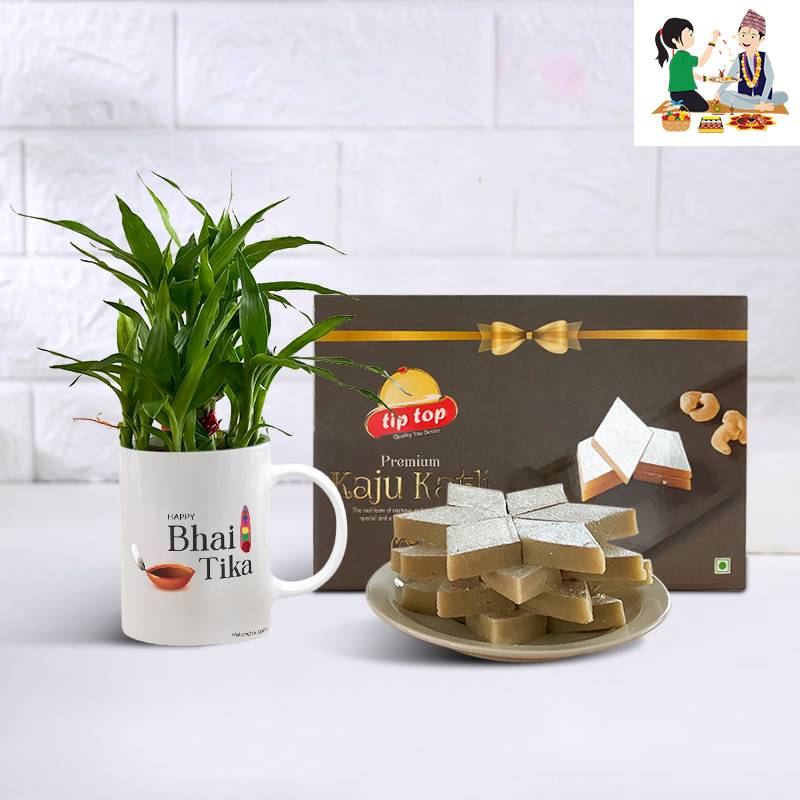 Lucky Bamboo with Bhai Tika Mug & Kaju Barfi