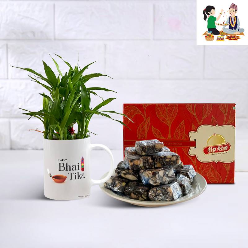 Lucky Bamboo with Bhai Tika Mug & Anjeer Mithai Cubes