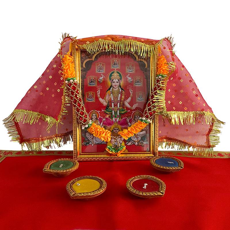 Goddess Laxmi Photo Frame with Mala, Chunni, Diyo and Aasan - T1