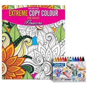 Dreamland Extreme Copy Colour for Adults Flowers (Coloring Book) & DOMS Jumbo Wax Crayons (12 Shades)