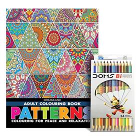 Dreamland Adult Coloring Book Patterns & DOMS Full-size Color Pencils (12 Shades)