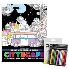 Dreamland Adult Coloring Book Cityscape & DOMS Half-size Color Pencils (12 Shades)