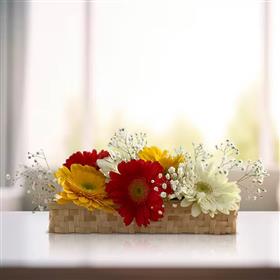 Cheerful Gerbera Blossoms Bamboo Basket - Personalized Message