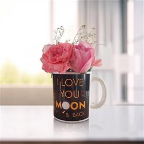 I Love You to the Moon & Back Mug with Pink Roses and Carnations