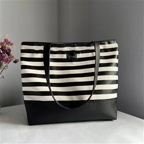 Black & White Stripes Tote Bag with Black Bottom by Swika
