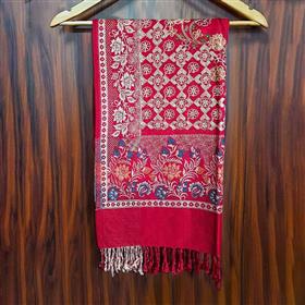 Carnation Red Silky Shawl with Floral Patterns