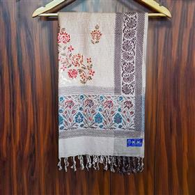 Mist Grey Silky Shawl with Floral Patterns