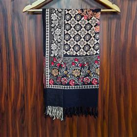 Raven Black Silky Shawl with Floral Patterns