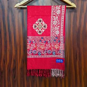 Ruby Red Silky Shawl with Floral Patterns