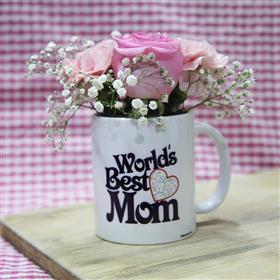 World's Best Mom Mug with Pink Roses and Carnations