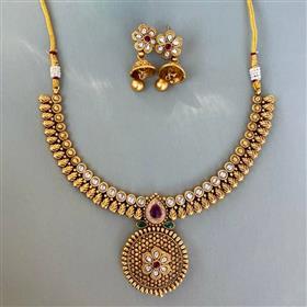 Pure Brass Made Neckpiece Set - Red & Green (37708/73)