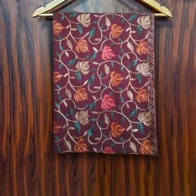 Dark Burgundy Cashmere Shawl with Multi-color Embroidery