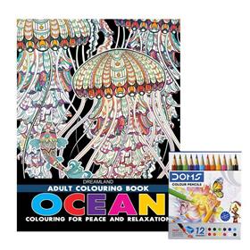 Dreamland Adult Coloring Book Ocean & DOMS Half-size Color Pencils (12 Shades)