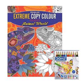 Dreamland Extreme Copy Colour for Adults Animal World (Coloring Book) & DOMS Half-size Color Pencils (12 Shades)