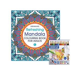 Dreamland Refreshing Adult Coloring Book Mandala 1 & DOMS Half-size Color Pencils (12 Shades)
