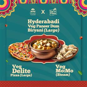 Hungry Nawab & Pop In Pizza Veg Combo - Veg Delight Pizza, Paneer Biryani & Veg Mo:mo