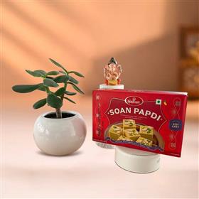 Lord Ganesh Murti with Jade Plant and Soan Papdi