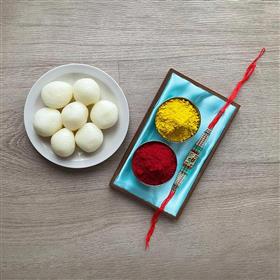 Peacock Rakhi with Rasgulla and Tika