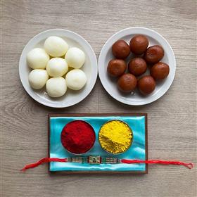Peacock Rakhi with Gulab Jamun, Rasgulla and Tika