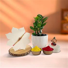 Golden Peacock Rakhi with Ganesh Murti, ZZ Plant and Tika