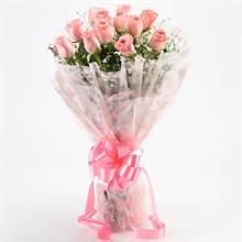 12 Pink Roses in Cellophane Packing