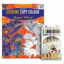 Dreamland Extreme Copy Colour for Adults Animal World (Coloring Book) & DOMS Full-size Color Pencils (12 Shades)