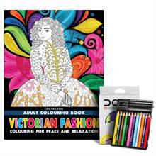 Dreamland Adult Coloring Book Victorian Fashion & DOMS Half-size Color Pencils (12 Shades)