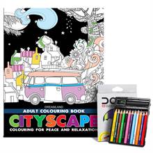 Dreamland Adult Coloring Book Cityscape & DOMS Half-size Color Pencils (12 Shades)