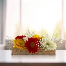 Cheerful Gerbera Blossoms Bamboo Basket - Personalized Message